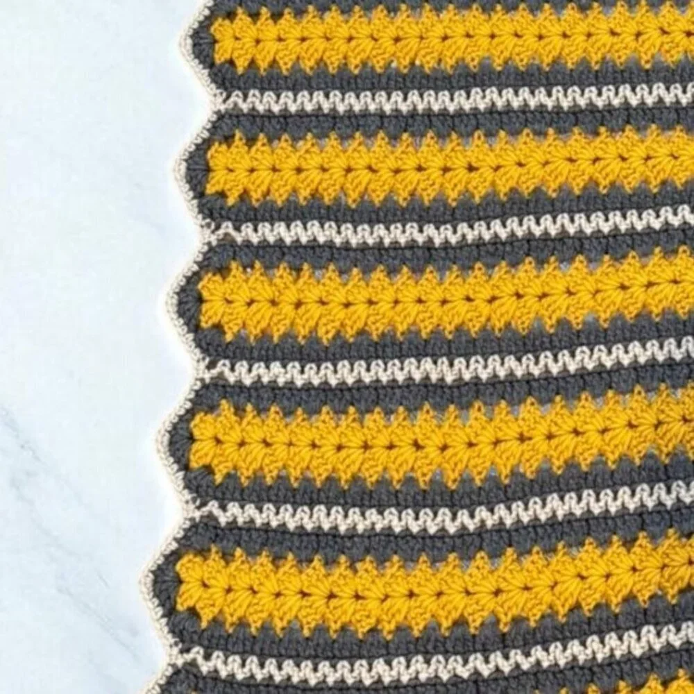 Crochet Afghan Baby Blanket Yellow Grey Stripes Approx 37